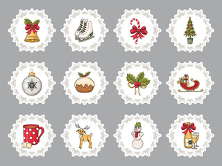 Set of colorful hand drawn christmas stickers. Traditional winter elements. Snowman, cupcake, deer, gift, tree, ball. Vector illustration. Isolated. Object for packaging, advertisements, menu.