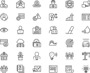 business vector icon set such as: intelligence, supermarket, boutique, process, hard hat, game, maintenance, factory, key, room, inspiration, article, infographic, file, gauge, positive, storage