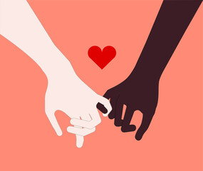 Interracial love. People hold their little fingers to each other.