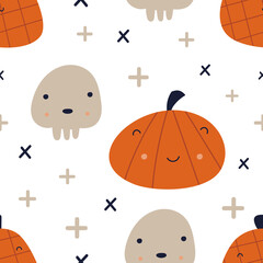 Halloween seamless pattern with cute Halloween characters and symbols – pumpkin, skull. October magic background. Vector Illustration. Pattern is cut, no clipping mask.