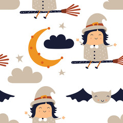 Halloween seamless pattern with cute Halloween characters and symbols – witch, broom, bat, moon, stars. October magic background. Vector Illustration. Pattern is cut, no clipping mask.