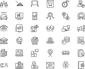 business vector icon set such as: allocation, online marketing, clean, engine, mosaic, conservation, questions, sight, mowing, perfect, see, fresh, room, transaction, add, blockchain, political, tech