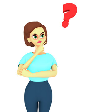 Pensive girl is thinking. Question mark. Woman have no idea, she trying to make right decision. Cartoon character design, 3d render illustration.