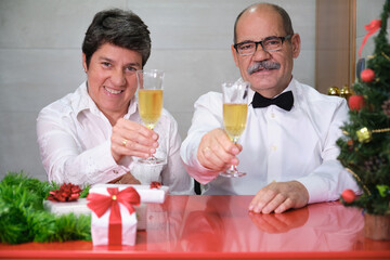 Senior couple celebrating christmas toasting with champagne to the camera. Christmas celebration concept.