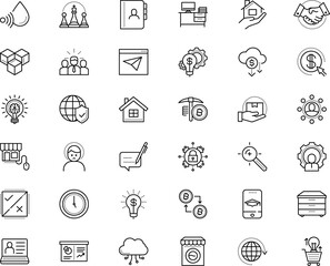 business vector icon set such as: depression, landing, science, receive, take, cog, hosting, rook, repair, humidity, diary, report, calculation, crystal, cash, postal, age, shake, bitcoin symbol, cpu