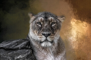 portrait of a lioness against a rock on a brown background