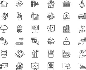 business vector icon set such as: peer, vault, solution, gambling, software, hill, politician, bullion, performance, fortune, brand, hacker, hotel, mower, remove, museum, stationery, human, pen