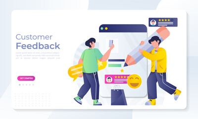 Obraz na płótnie Canvas Customer Feedback concept design, people give vote review results. Suitable for web landing page, ui, mobile app, banner template. Vector Illustration  