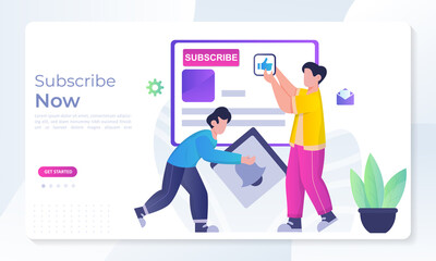 Subscribe now, red button subscribe to channel, phone with online newsletter, email marketing system Suitable for web landing page, ui, mobile app, banner template. Vector Illustration. 