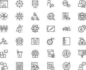 business vector icon set such as: paperclip, app, advice, learn, referral, wash, partner, chemistry, household, cog, silhouette, manage, pile, molecule, law, textile, chat, through, dart, judge