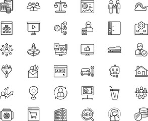 business vector icon set such as: lead, hardware, ad, layout, ruler, achievement, bookkeeper, roster, estate, place, position, hotel, vault, security, restaurant, loud, agenda, stapler, campaign