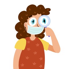 Girl wearing protective medical mask. Kid explorer with magnifier