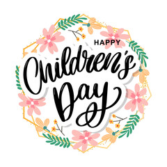 happy children's day, cute vector greeting card with funny letters in scandinavian style and cartoon landscape