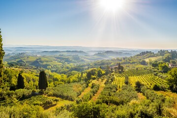 View from town of San Gimignano to valley, Italy