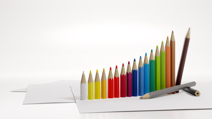 Colorful graph. Standing color pencils creating a rising and crashing graph.