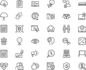 business vector icon set such as: building, age, stand, statement, place, attachment, university, ads, robot, view, monitor, trust, arrow, furniture, community, skill, group, healthy, no