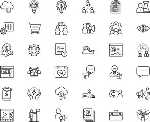 business vector icon set such as: suit, champion, roll, engagement, machinery, judge, schedule, achievement, loudspeaker, consultant, family, discussion, production, diagram, application, bullhorn