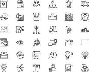 business vector icon set such as: medieval, bookkeeper, sheet, collaboration, focus, room, plan, lines, touchscreen, crane, vehicle, desk, take, circle, text, transaction, wi-fi, desktop, traffic