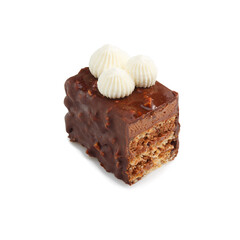 Half of glazed chocolate mini tart with cream