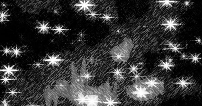 White sparkling snowflakes are falling. Dark background. Graphite painting effect.