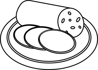 Sliced ​​sausage on a plate contour on a white background. Vector black and white illustration. Great for labels, menus, posters, banners, vouchers, coupons, business promotion and more.