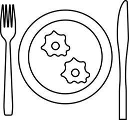 Scrambled eggs and fork contour on a white background. Vector black and white illustration. Great for labels, menus, posters, banners, vouchers, coupons, business promotion and more.