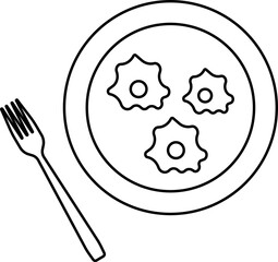 Scrambled eggs and fork contour on a white background. Vector black and white illustration. Great for labels, menus, posters, banners, vouchers, coupons, business promotion and more.