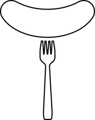 Sausage on a fork contour. Vector black and white illustration. Great for labels, menus, posters, banners, vouchers, coupons, business promotion and more.