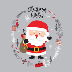 Cute Santa Claus with wreath on silver background, Vector illustration