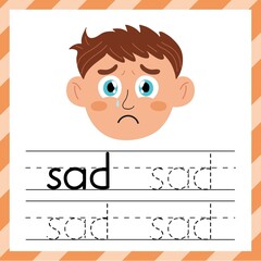 Tracing practice worksheet - word Sad. Learning material for kids. I can write words template