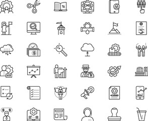 business vector icon set such as: idiom, handshake, insurance, recruitment, unlock, message, holy, post, retail, decline, top, quality, learning, hairdresser, podium, opening, steel, reminder, tech