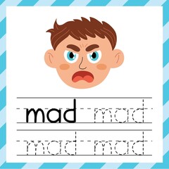 Tracing words worksheet - Mad. Learning material for kids. I can write words template