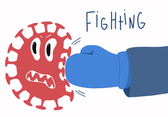 Vector image of glove fighting against scared corona virus on white background