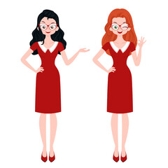 Young women characters with different gestures isolated on white background