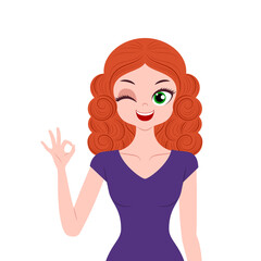 Young woman character gesturing ok sign isolated on white background