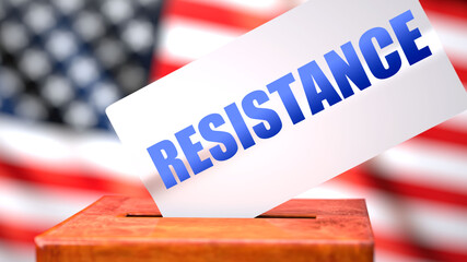 Fototapeta na wymiar Resistance and American elections, symbolized as ballot box with American flag and a phrase Resistance on a ballot to show that Resistance is related to the elections, 3d illustration