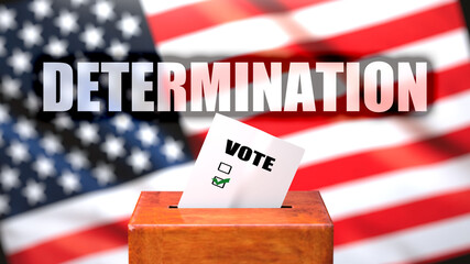 Fototapeta na wymiar Determination and voting in the USA, pictured as ballot box with American flag in the background and a phrase Determination to symbolize that Determination is related to the elections, 3d illustration