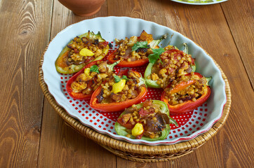 Stuffed red bell peppers with ptitim