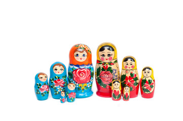 set of wooden dolls of 10 pieces on a white background