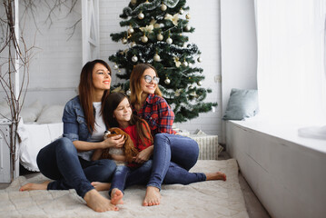 Two young beautiful women and little girl while celebrating Christmas at home