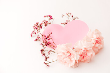 Three pink carnations isolated on white background with heart symbol of love