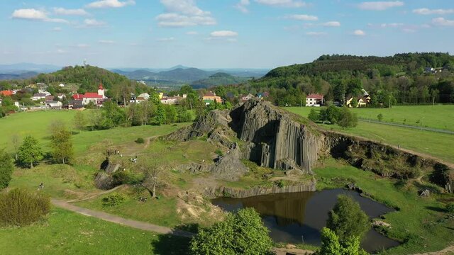 Polygonal structures of basalt columns, natural monument Panska skala near Kamenicky Senov, Czech Republic. Basalt organ pipes of Panska Skala near Kamenicky Senov, Czechia.