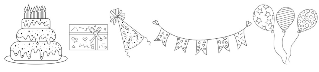 Collection of festive icons for birthday cake with candles festive box cap with check boxes balloons patterns. Set of linear icons for the holiday. Trendy flat design