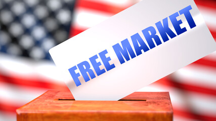 Fototapeta na wymiar Free market and American elections, symbolized as ballot box with American flag and a phrase Free market on a ballot to show that Free market is related to the elections, 3d illustration