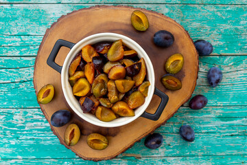 Sliced plums to make homemade plum jam.