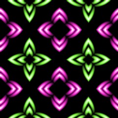 Neon shapes decorated with colored plasma...Seamless vibrant pattern on a black background...Texture for wider use. Graphic design.Dark texture with vibrant shapes.........