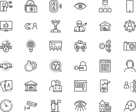 business vector icon set such as: unlock, store, fortune, intelligence, closed, calculation, storehouse, gamble, help, podium, art, broker, play, find, magnifying, minute, workplace, programming