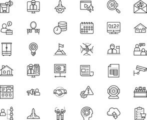 business vector icon set such as: schedule, journal, mind, bedroom, server, analyzing, connection, current, interview, event, rounded, general, loud, linear, board, leader, timer, assistance