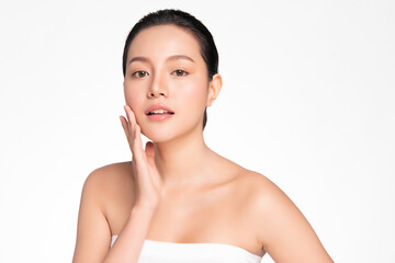 Beautiful young asian woman with clean fresh skin on white background, Face care, Facial treatment,...