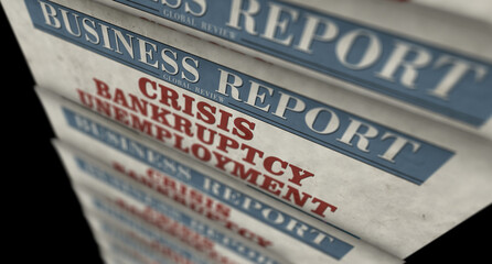 Business report newspapers with crisis bankruptcy unemployment printing